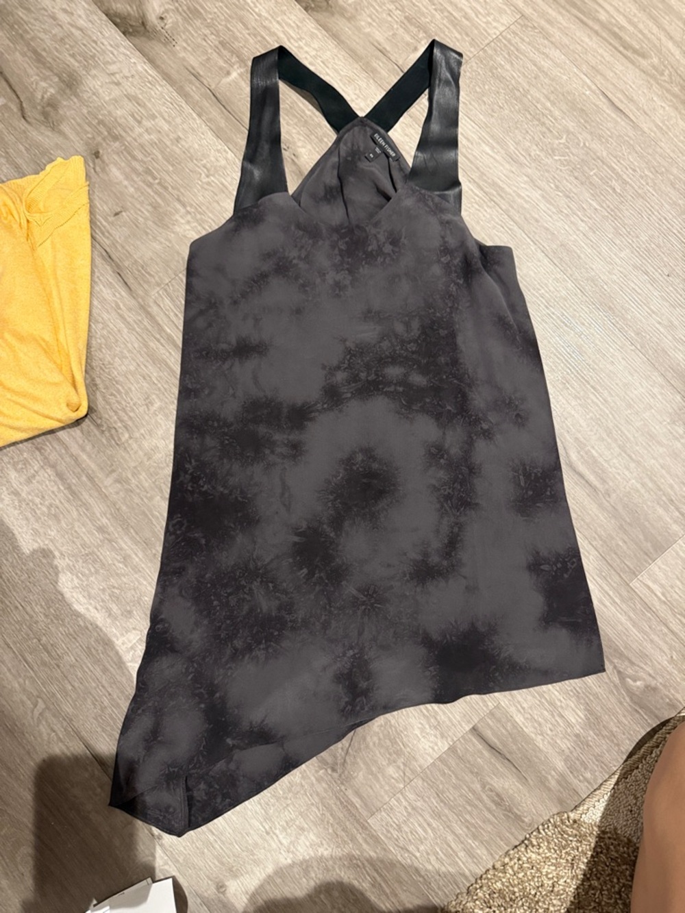 Eileen Fisher Black Tie-Dye Satin Asymmetrical Tank with leather straps